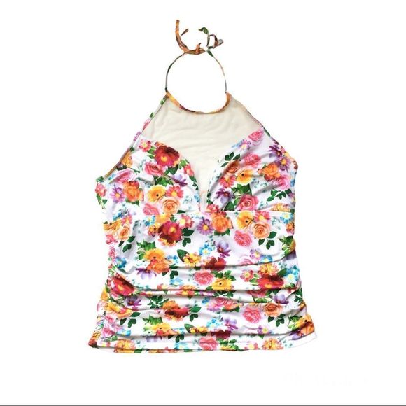 La Vie En Rose Aqua white floral high halter neck tankini top swimsuit size XL​ - Picture 1 of 13